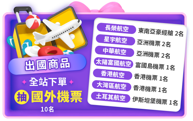 全站下單出國商品 抽 國外機票 10名